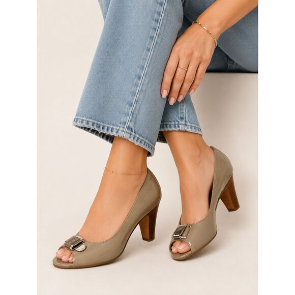 Coach Shoes - Coach Helaine Patent Leather Peep Toe Pumps Taupe Gray Heels Size 6.5B